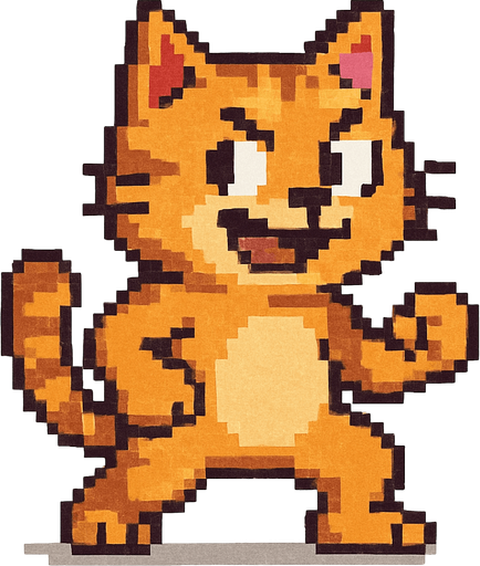 Crea un personaje que sea un gato simpático, estilo pixel art.
Debe estar de pie y verse como si pudiera esquivar cosas.
Que tenga una expresión divertida o decidida.
El fondo debe ser transparente.