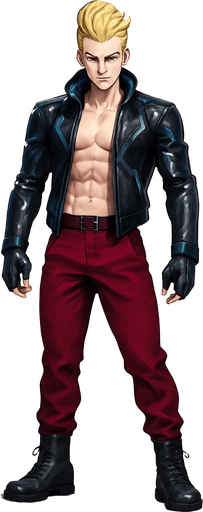 Idle animation, sleek graceful man Cyberpunk manga, facing forward idle pose shiny black leather biker jacket longsleeves shirtless Skinny abs blonde pompadour guy, action shot wine red joggers combat boots, Background removed, "Full-body character, entirely in frame, no cropping of face, head, or feet" "Complete character visible, from head to toe, fully centered in the image" "Entire character, including face and boots, fully within the frame" Character fully contained within a square frame, no edges cut off fashion model pose