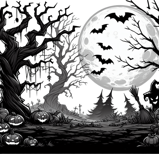 spooky halloween forest.
Single Game Texture. In-Game asset. 2d. Blank background. High contrast. No shadows.