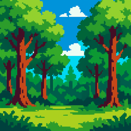 Pixel art Forest background.
In-Game asset.  High contrast.  No shadows