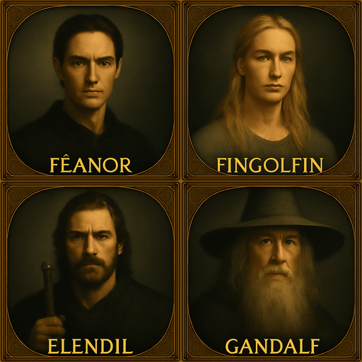 Tamamen aynı stil aynı çerçeve aynı boyut ve aynı biçimi kullan ancak Feanor (Sakalsız yüce elf), Fingolfin (Sarışın uzun saçlı elf), Elendil, Gandalf ı yap