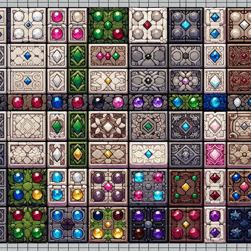 A spritesheet with different mystical floor tiles from a magical realm, each inlaid with bright gemstones of different colors. The tiles should be in the same basic style, with either a granite or other rock basis beneath the gemstones. The spriteshett should be laid out in a rectangular grid with empty space between each tile. The following colors of gemstones must be present: white, pink, green, red, blue, yellow, purple, brown, gray and orange.
Single Game Texture. In-Game asset. 2d. Blank background. High contrast. No shadows.