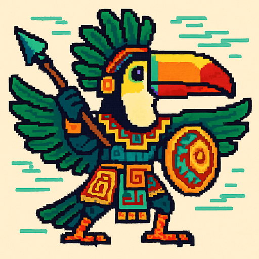 Generame un guerrero azteca con patrones, estilo pixelar, además será Tucán toco , unidad voladora con alas, con efectos de viento. Tiene que ser un animal..
In-Game asset.  2d.  High contrast.  No shadows