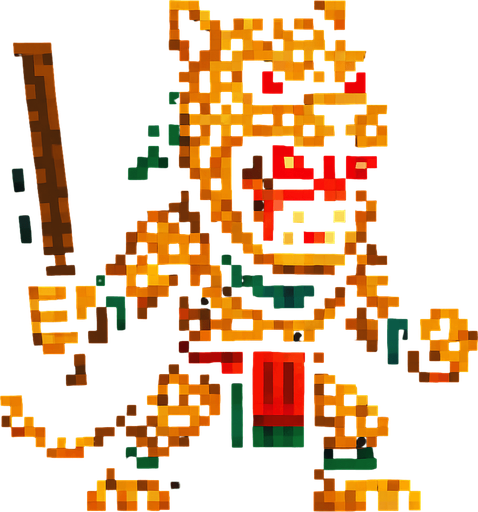 Genérame una Jaguar guerrero azteca con eso patrones, estilo pixelar, con una apariencia maligna, ojos rojos, rabioso. Unidad cuerpo a cuerpo.
In-Game asset.  2d.  High contrast.  No shadows