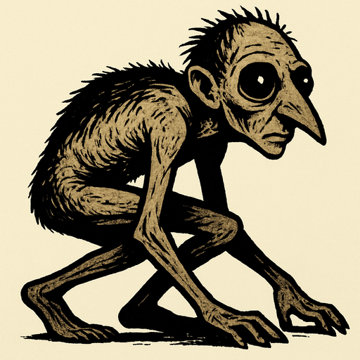 The image depicts a strange, humanoid creature with an unusual and unsettling appearance. It has a small, elongated head with a pointed nose and large, dark eyes that seem to bulge slightly. The creature has sparse, dark hair on its head, which appears messy and uneven. Its body is thin and frail, covered with patchy, coarse hair across its back and sides. The creature is crouched on all fours, with long, thin arms and legs that bend awkwardly. Its skin looks pale and wrinkled, and it has a hunched posture, as if it is crawling or moving slowly..
In-Game asset.  2d.  High contrast.  No shadows