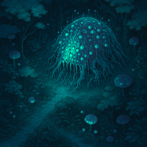 Top down isometric Cyberpunk forest, anime Akira-nausicaa inspired, background scene, large sci-fi horror bioluminescent glowing alien flora