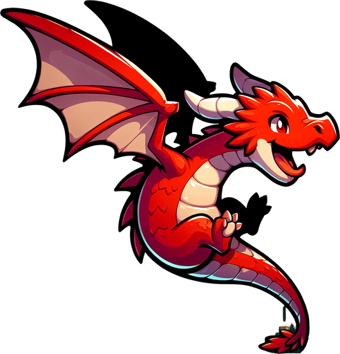 Cute toony red cool dragon in flight sideview.
Single Game Texture. In-Game asset. 2d. Blank background. High contrast. No shadows.