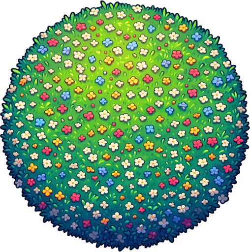 a lush meadow full of tiny flowers. top-down view.
Single Game Texture. In-Game asset. 2d. Blank background. High contrast. No shadows.
