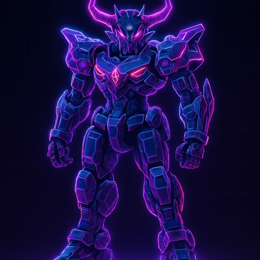 Neon cyberpunk 3d hologram corporate occult demon android mecha robot sentinel guard soldier machine monster fully in frame no part cut off no background anime futuristic