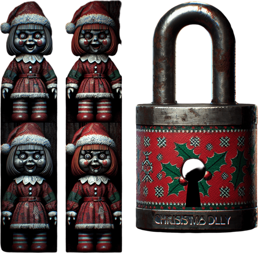 eerie christmas inspired christmas doll lock with a resident evil style.
Single Game Texture. In-Game asset. 2d. Blank background. High contrast. No shadows.