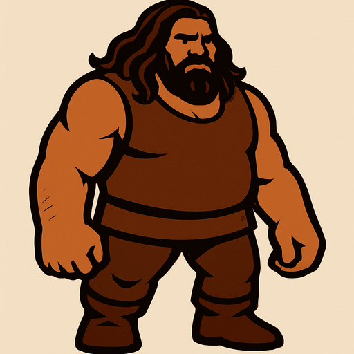 Uzun saçlı kahverengi renkte iri bir adam.
In-Game asset.  2d.  High contrast.  No shadows