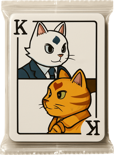 A booster pack of collectible cards in the plastic packaging. On the package is a picture of these two cats as if they are the King on a card in a deck of regular playing cards. The white one is on top facing left and the bottom one is the mirror facing right, side profile, just like a king on a regular playing card. There is a K in the top left corner to mark the King, but no suit.