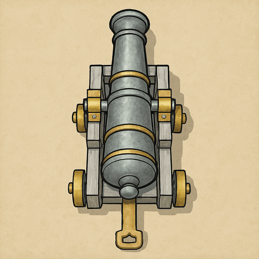 17. century light gray with gold cannon for seaside only naked shooting cannon topdownlook medieval-semirealistic,.
In-Game asset.  2d.  High contrast.  No shadows