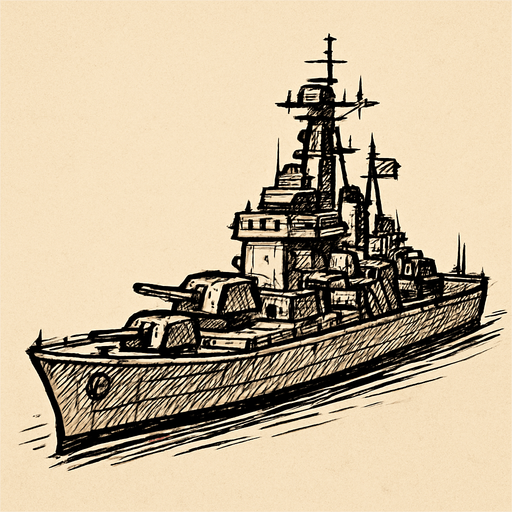 sketch tarzında cruıser savas gemısı.
In-Game asset.  2d.  High contrast.  No shadows