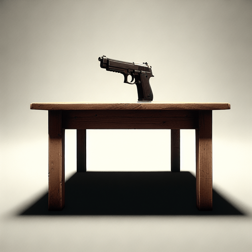a table with a gun.
In-Game asset. Blank background. High contrast.
