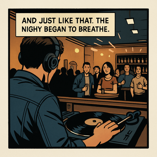 A comic panel styled like a square photo print with a clean white border. Realistic comic art. Scene: Over-the-shoulder view of Noah at the booth, the crowd in the bar small but curious. One hand on the vinyl, lights begin to flicker rhythmically. Narrator box at the top reads: “And just like that, the night began to breathe.”.
In-Game asset.  2d.  High contrast.  No shadows