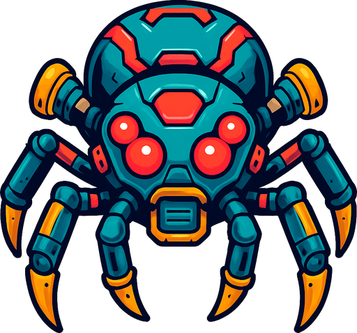 different cyber spider small enemy from the front side facing camera. HD colors. separated
In-Game asset.  2d.  High contrast.  No shadows