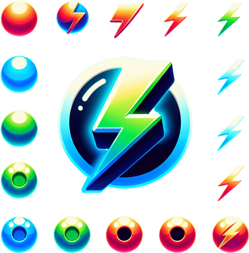 A glowing, floating power-up icon shaped like a lightning bolt, rotating in mid-air. Colors include blue, green, and red variants.".
Single Game Texture.  In-Game asset.  2d.  Blank background.  High contrast.  No shadows