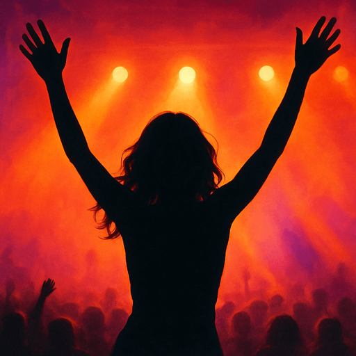 Dancing woman with hands up dark siluette on a concert, front view