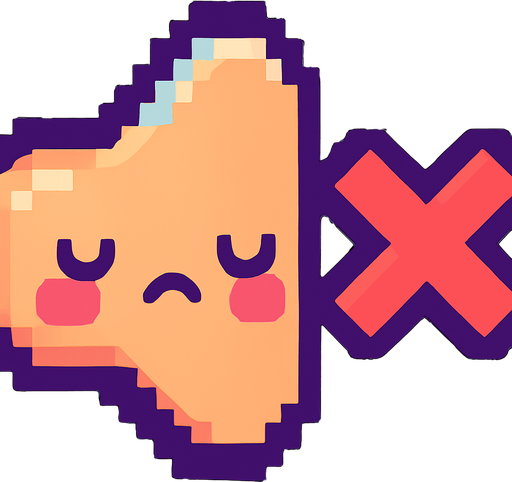 A small and cute pixel art icon representing sound off, designed for a 2D game UI. The icon shows the same round speaker, but now with a sad or sleepy face and a small red X or mute symbol on it. The sound waves are gone or faded out. The color palette is still colorful, using soft reds and purples. The style is playful, chibi, and pixel art, fitting a cute arcade game interface.