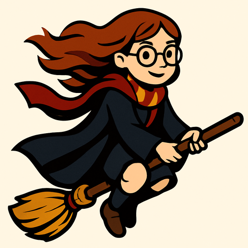 çalı süpürgesine binen pelerinli kız bir büyücü harry potter temasında.
In-Game asset.  2d.  High contrast.  No shadows