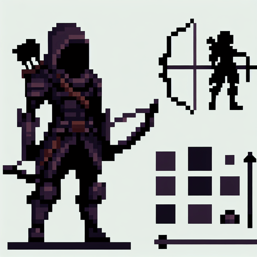 create me a 2d pixel dark archer.
Single Game Texture. In-Game asset. 2d. Blank background. High contrast. No shadows.