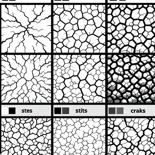 A sprite sheet of different crack patterns. Just the crack..
Single Game Texture. In-Game asset. 2d. Blank background. High contrast. No shadows.