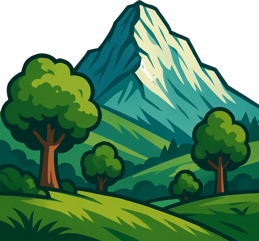 ağaçlı, çimenli dağ..
In-Game asset.  2d.  High contrast.  No shadows