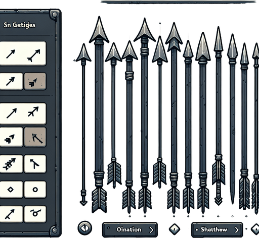 A spritesheet showing a number of different medieval or viking age arrows.
Single Game Texture. In-Game asset. 2d. Blank background. High contrast. No shadows.