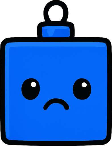 a sad Perfectly square bright cobalt blue Christmas decoration with cute happyy face. Cartoon style. Cute art style. Simple vector style. No Shadows Single Game Texture. In-Game asset. 2d. Blank background. High contrast. No shadows..
In-Game asset.  2d.  High contrast.  No shadows