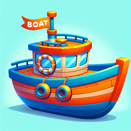 a colorful, cartoon style boat with an orange and blue color scheme. the boat has a small flag on top, round windows and a curved hull , with the BOAT text on it with bold letters. the design is vibrant, playful and optimized for a mobile game.
Single Game Texture.  In-Game asset.  2d.  Blank background.  High contrast.  No shadows