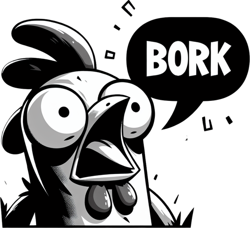Cartoon Chicken Shouting. Speech bubble with text "Bork"
Single Game Texture.  In-Game asset.  2d.  Blank background.  High contrast.  No shadows