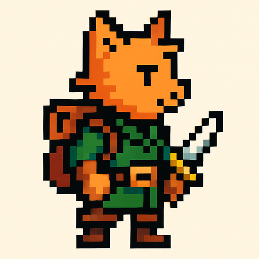 cat human, pixel art, half, adventurer.
In-Game asset.  2d.  High contrast.  No shadows