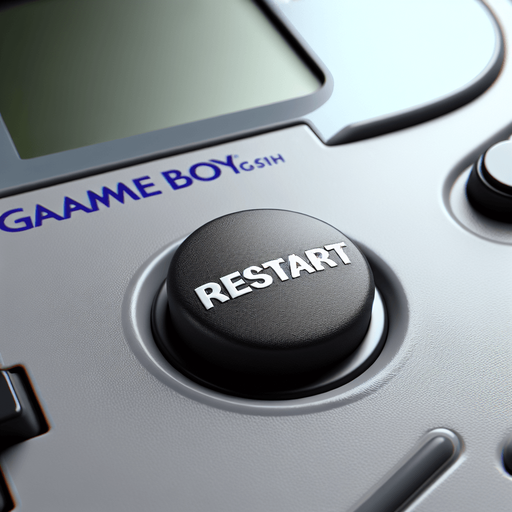 photorealistic black colored round button with restart text on grey gameboy, front view