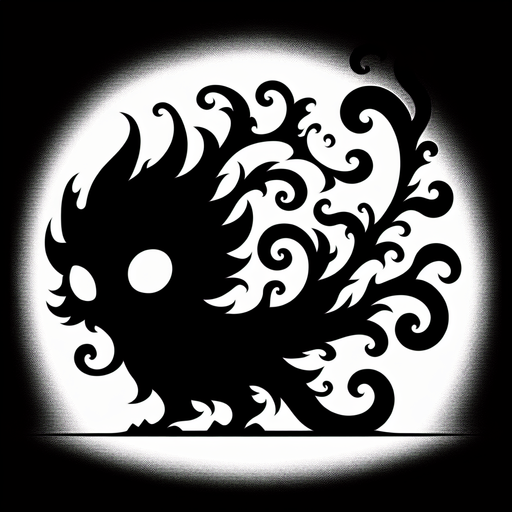 A silhouette of a small, mischievous shadow creature (imp, tendril beast, raven?). Could also be a pair of glowing eyes peering out from darkness..
Single Game Texture.  In-Game asset.  2d.  Blank background.  High contrast.  No shadows