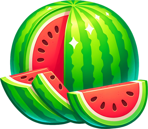 A watermelon and some pieces of watermelon.
Single Game Texture. In-Game asset. 2d. Blank background. High contrast. No shadows.