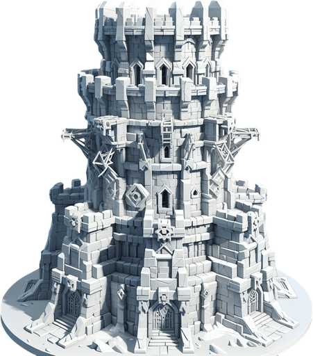 A super awesome turret tower built of ice blocks. Front view perspective. Single Game Texture. In-Game asset. 2d. Blank background. High contrast. No shadows.