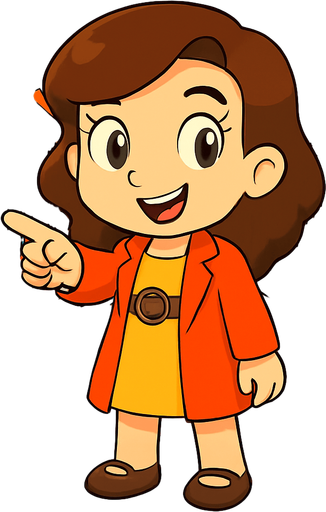 Make her point forward with her right hand and she has a happy look on her face