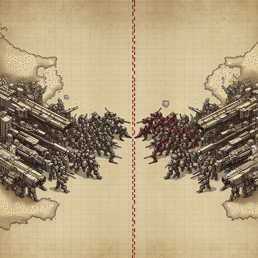 A map of a fictional world, divided in the middle by a red dashed line, which is a country border. On each side of the border, a modern army is marched up and pointing weapons at the other side. Style should be detailed illustration..
Single Game Texture. In-Game asset. 2d. Blank background. High contrast.