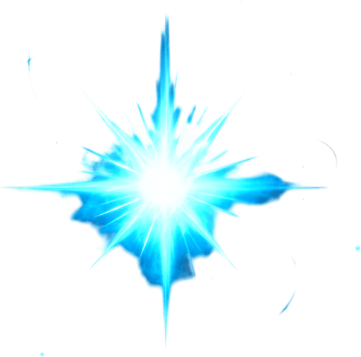 A magical sci-fi starburst explosion for a 2D game effect, with a bright blue and white energy core bursting outward in radiant spikes, surrounded by glowing particles, swirling light trails, and a soft nebula-like aura. The effect should feel like a powerful portal discharge or dimensional rift opening, with dynamic energy and cinematic glow. Transparent background, digital art style, top-down angle, ideal for sprite use in games..
In-Game asset.  2d.  High contrast.  No shadows