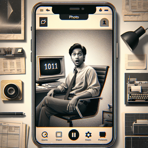 A clean mobile app interface designed to display photos from a user’s phone, with a retro aesthetic for the displayed image. The screen showcases a single black-and-white photo, styled to mimic a grainy 90s film capture. The photo shows a young man in his 30s, sitting in an office chair and looking surprised at the camera as if caught off guard.

The office environment is cluttered with retro elements like a CRT monitor, stacks of papers, a desk lamp, and a vintage rotary phone. The monitor subtly displays binary code '1011,' hidden among other on-screen data. The photo frame has faint edges, resembling a classic film border, with subtle scratches and grain to enhance the retro feel. The app interface itself is minimal, with a back arrow at the top-left and a small menu icon at the top-right, keeping the focus on the photograph..
Single Game Texture. In-Game asset. 2d. Blank background. High contrast. No shadows.