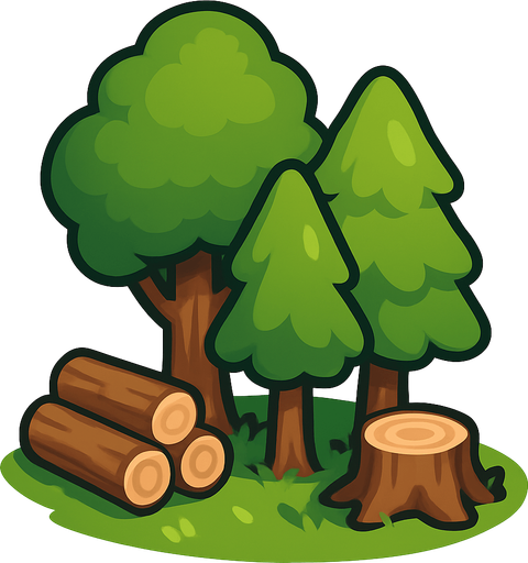 Crea un nodo de recurso de Bosque de Madera en un estilo 2D renderizado, limpio y cartoonish, con contornos claros y definidos, colores vibrantes con transiciones suaves, y sombreado que dé volumen. Debe ser fácilmente reconocible como una fuente de madera.

Estructura Principal: Un pequeño grupo de árboles estilizados de diferentes alturas y formas. Los troncos deben ser marrones y las copas verdes (variedad de tonos de verde).

Suelo: Un poco de hierba verde alrededor de las bases de los árboles.

Recursos Visibles: Debería haber algunos troncos cortados o pilas de madera pequeñas cerca de los árboles para indicar que es una fuente activa de madera.

Claridad: Debe haber suficiente espacio entre los elementos para que los trabajadores puedan interactuar con ellos visualmente.

Dimensiones Sugeridas: Similar a los otros nodos de recursos (64x64 o 96x96 píxeles)..
In-Game asset.  2d.  High contrast.  No shadows