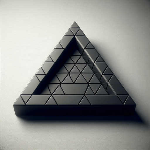 black plastic 3d triangle.
Single Game Texture.  In-Game asset.  2d.  Blank background.  High contrast.  No shadows