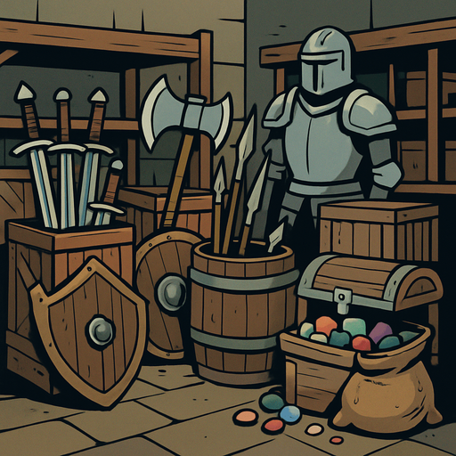 Eski kılıçlı silahlar ve cevherlerin vs. olduğu uzaktan bakış depo alanı..
In-Game asset.  2d.  High contrast.  No shadows