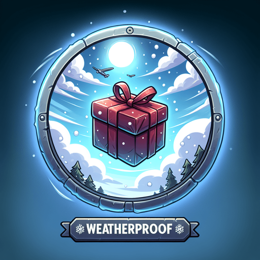 icon of a weatherproof christmas present flying in the sky, on a circle, cartoon. With the text: "weatherproof packaging" Single Game Texture. In-Game asset. 2d. Blank background. High contrast. No shadows.