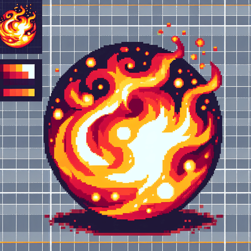 ball of fire sprite art
Single Game Texture. In-Game asset. 2d. Blank background. High contrast. No shadows.