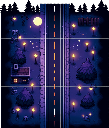 A cartoon spooky night road from above.
Single Game Texture. In-Game asset. 2d. Blank background. High contrast. No shadows.