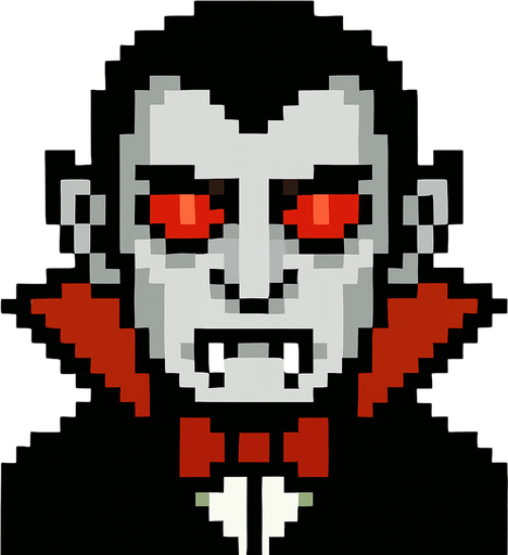 make pixel red eye dracula.
In-Game asset.  2d.  High contrast.  No shadows