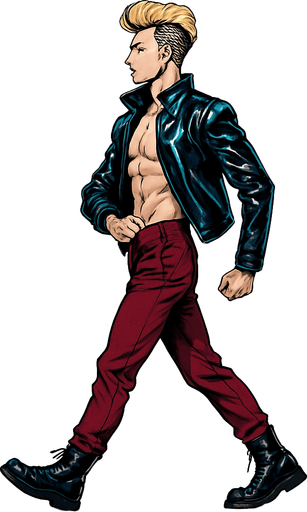 Swishy graceful man Cyberpunk manga, camera-facing arm bent In fro t of body, side profile view walking animation, shiny black leather biker jacket longsleeves shirtless Skinny abs blonde undercut pompadour guy, action shot wine red joggers combat boots, Background removed, "Full-body character, entirely in frame, no cropping of face, head, or feet" "Complete character visible, from head to toe, fully centered in the image" "Entire character, including hair and boots, fully within the frame" Character fully contained within a square frame, no edges cut off fashion model walking pose Style of vogue magazine