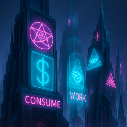 Neon cyberpunk skyscraper occult corporate logos-mixed with dark esoteric sigils capitalist subliminal commands 3d holograms billboards projections brutalist sleek architecture futuristic architecture multidimensional towering city spires glowing